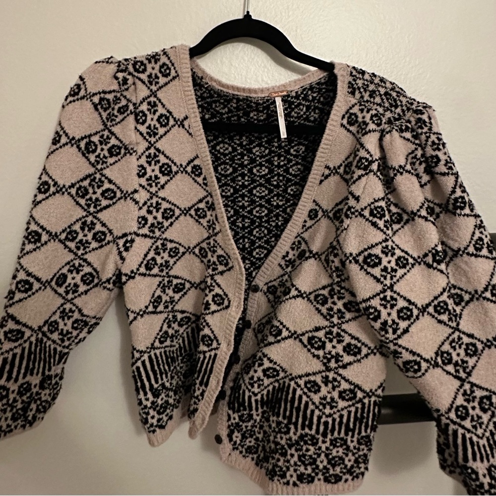 Free People Black and Tan Patterned Cardigan